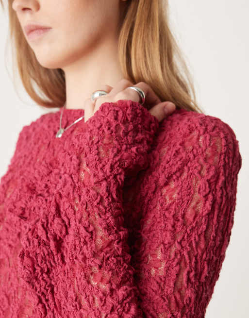 ASOS DESIGN - Top transparent en dentelle à encolure bateau et manches évasées - Framboise, 2 de 4
