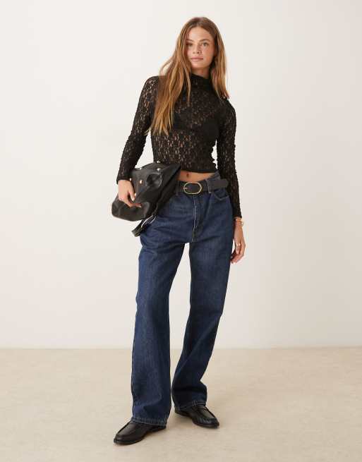 ASOS DESIGN - Top transparent en dentelle avec manches longues et col montant - Noir, 3 de 4
