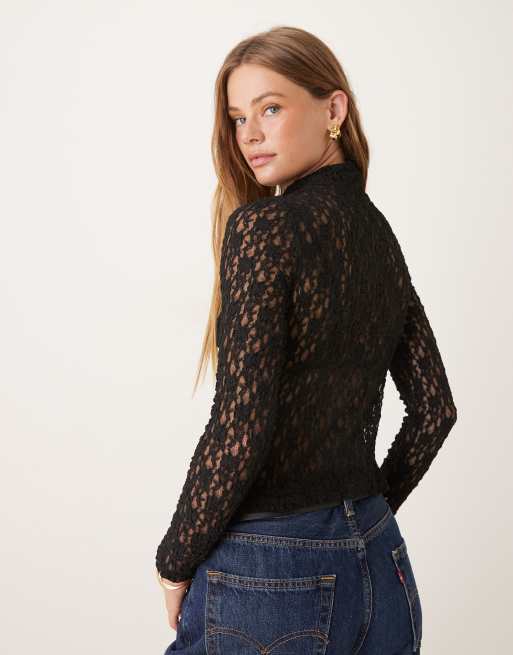 ASOS DESIGN - Top transparent en dentelle avec manches longues et col montant - Noir, 4 de 4