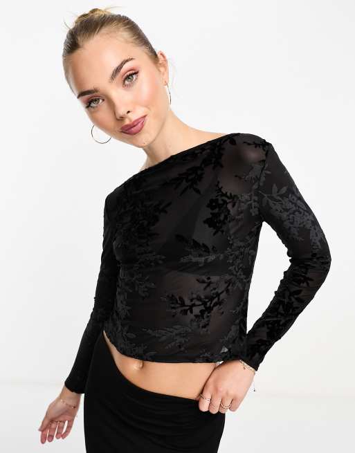 ASOS DESIGN - Top transparent en dévoré avec manches longues et col bateau - Noir
