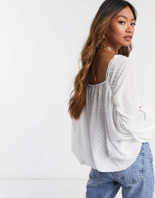 ASOS DESIGN - Top transparent en plumetis à manches longues et décolleté plongeant - Ivoire, 2 de 4