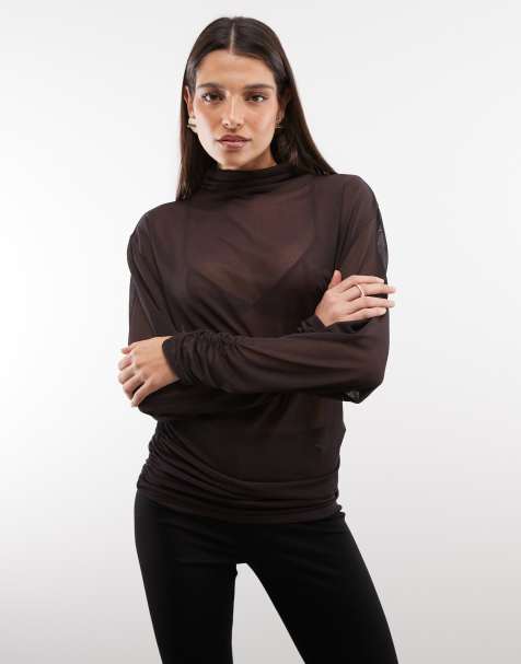 ASOS DESIGN top transparente con manga murciélago, cuello alto y manga fruncida en uva oscura - view 1
