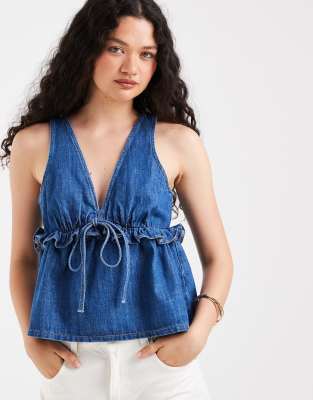 Top trapèze d'ensemble en denim à décolleté plongeant - Bleu moyen 36