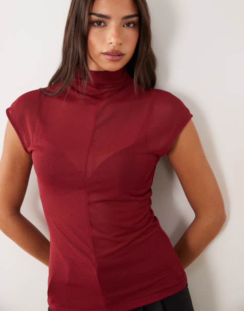 ASOS DESIGN top trasparente accollato a maniche corte con dettaglio cuciture in bordeaux - view 1