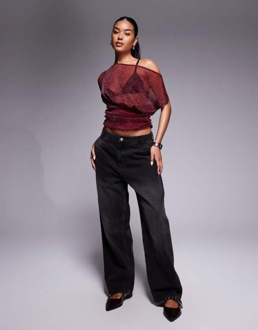 ASOS DESIGN - Top trasparente metallizzato color vino con spalle asimmetriche, 3 di 4