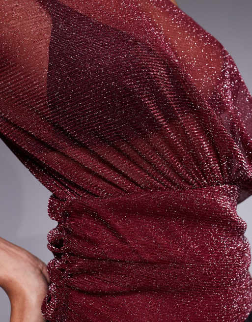 ASOS DESIGN - Top trasparente metallizzato color vino con spalle asimmetriche, 4 di 4