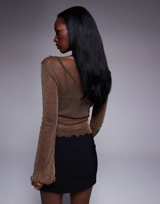 ASOS DESIGN - Top trasparente metallizzato con maniche svasate e scollo a barchetta marrone, 4 di 4