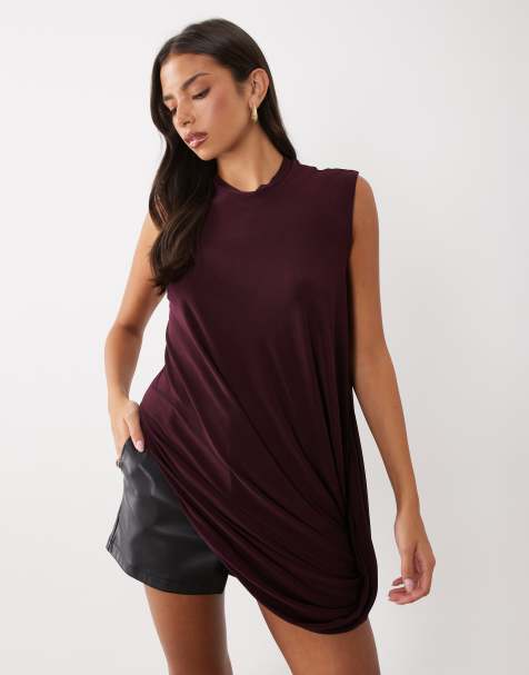 ASOS DESIGN top tunica drappeggiato a maniche lunghe color prugna - view 1