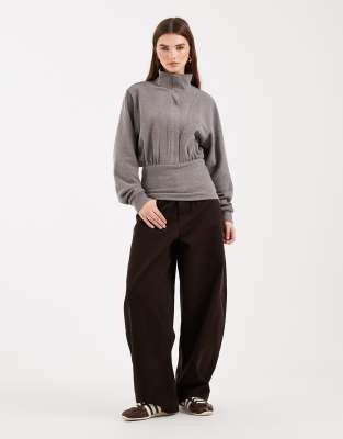 Top ultra doux à col cheminée zippé et taille cintrée - Anthracite-Gris L