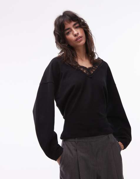 ASOS DESIGN - Top ultra-doux à manches longues bordé de dentelle - Noir - view 1