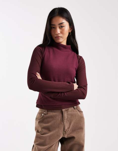 ASOS DESIGN - Top ultra-doux double épaisseur à manches longues et col cheminée - Prune - view 1