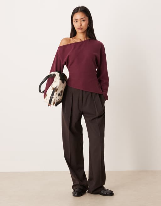 ASOS DESIGN - Top ultra-doux manches longues à épaules dénudées et taille style corset - Lie de vin, 2 de 4