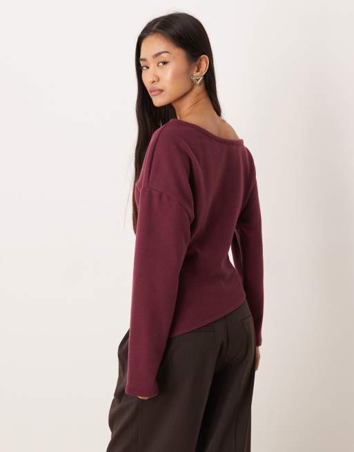 ASOS DESIGN - Top ultra-doux manches longues à épaules dénudées et taille style corset - Lie de vin, 4 de 4
