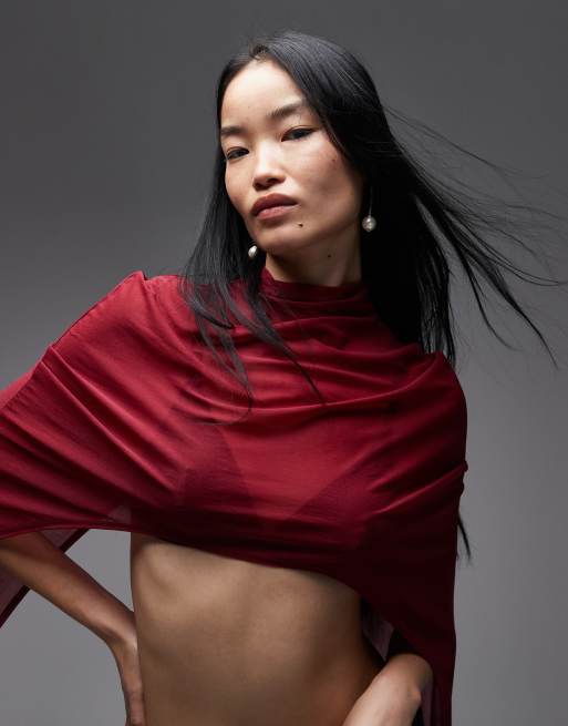 ASOS DESIGN - Top ultra-long façon cape en tulle - Bordeaux, 3 de 4
