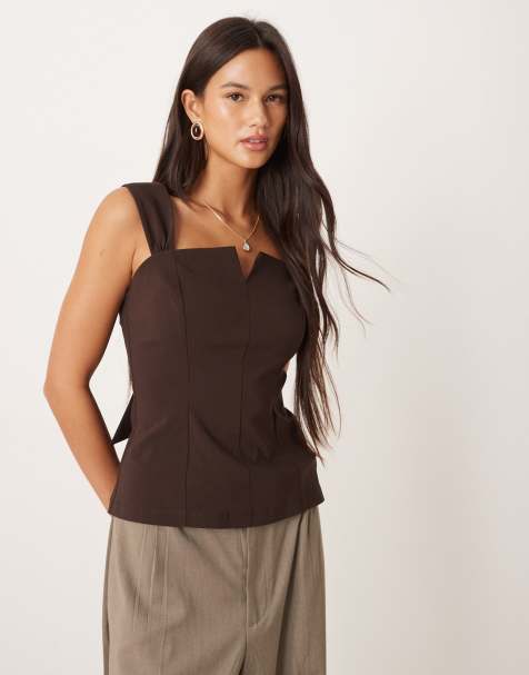 ASOS DESIGN - Top van bengaline met vierkante hals, lange pasvorm en bandjes in chocoladebruin - view 1