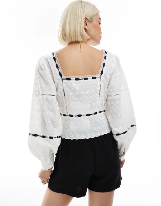 ASOS DESIGN - Top van broderie met vierkante hals en ingezette linten in wit, 4 van 4