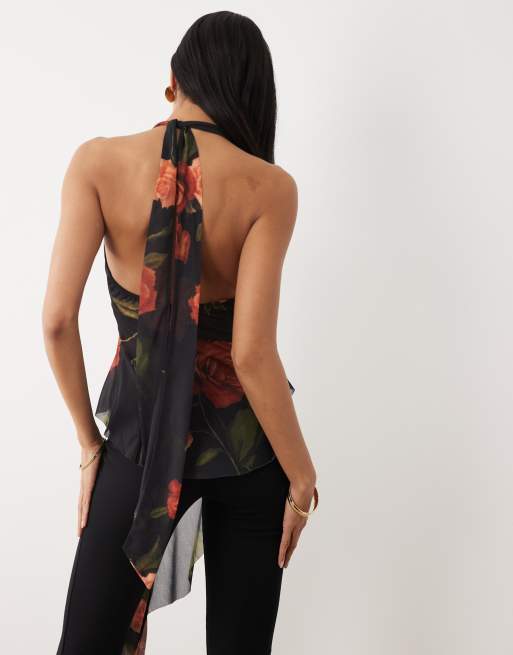ASOS DESIGN - Top van chiffon met stretch, rozenprint en ruches in zwart, 4 van 4