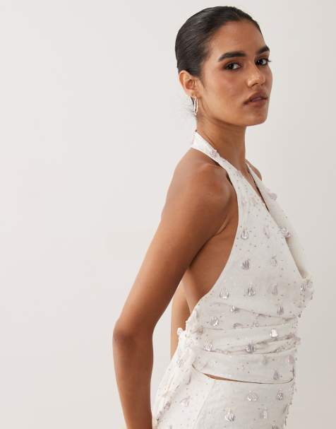 ASOS DESIGN top van co-ord met versiering en halter in wit - view 1