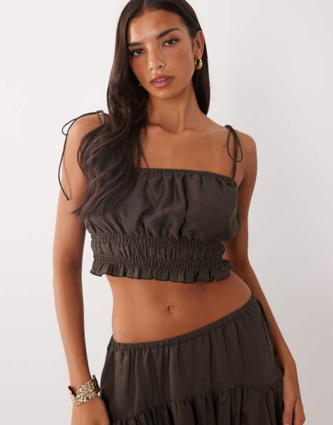 ASOS DESIGN top van co-ord set met smok en strikbandjes op de schouders in bruin - view 1
