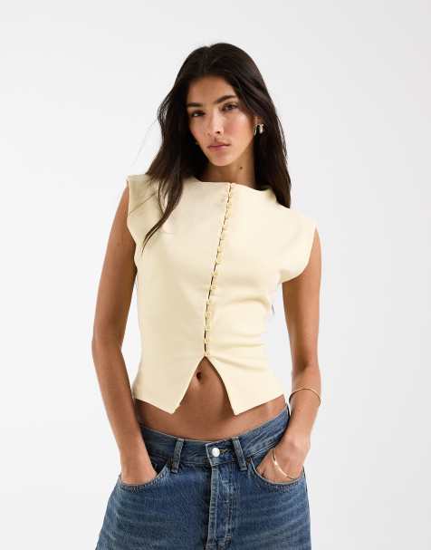ASOS DESIGN - Top van compact katoen met aangeknipte mouwen en knoopsluiting in lichtgeel - view 1
