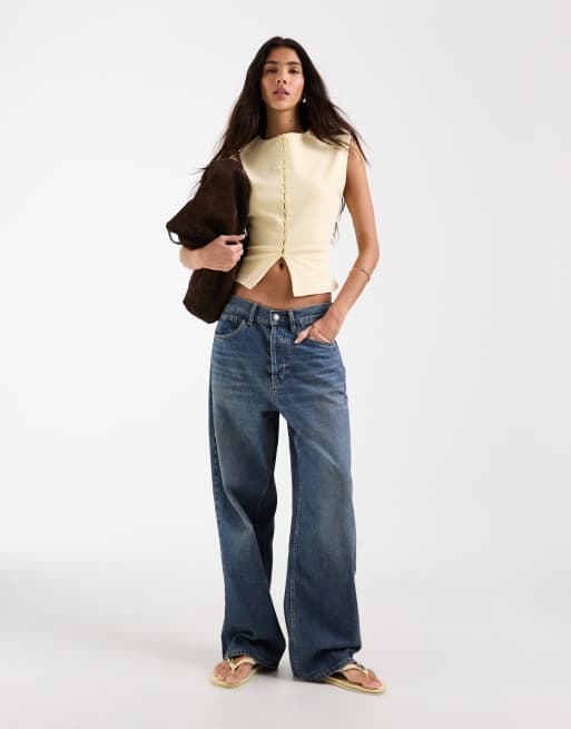 ASOS DESIGN - Top van compact katoen met aangeknipte mouwen en knoopsluiting in lichtgeel, 2 van 4