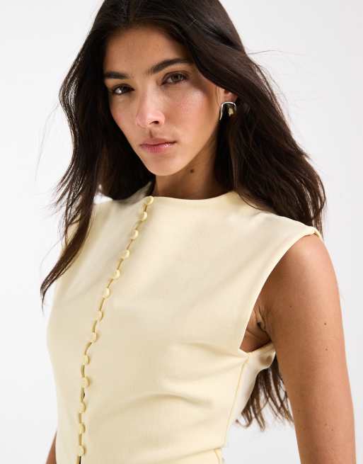 ASOS DESIGN - Top van compact katoen met aangeknipte mouwen en knoopsluiting in lichtgeel, 3 van 4
