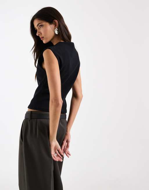 ASOS DESIGN - Top van compact katoen met aangeknipte mouwen en knoopsluiting in zwart, 4 van 4