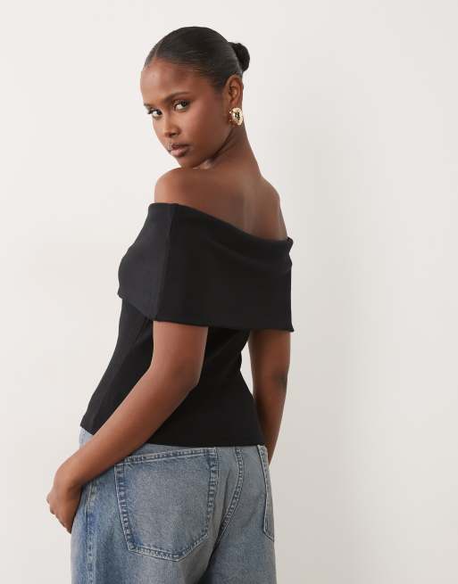 ASOS DESIGN - Top van compact katoen met bard0t-halslijn in zwart, 4 van 4