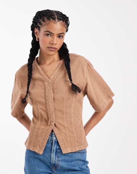 ASOS DESIGN - Top van corduroy met hoge V-hals in stone - view 1