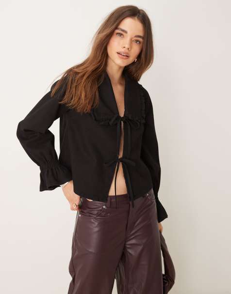 ASOS DESIGN - Top van denim met ruchekraag in zwart - view 1
