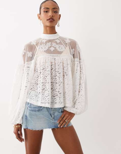 ASOS DESIGN - Top van doorschijnend kant met ballonmouwen in wit - view 1