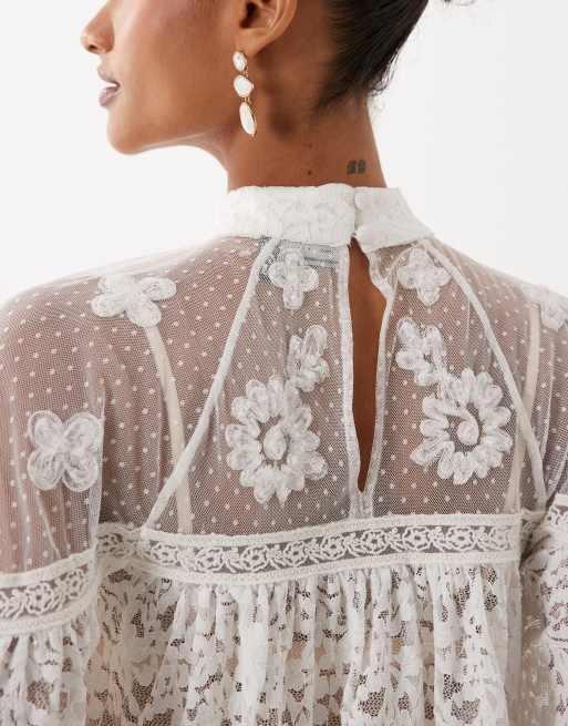 ASOS DESIGN - Top van doorschijnend kant met ballonmouwen in wit, 2 van 4