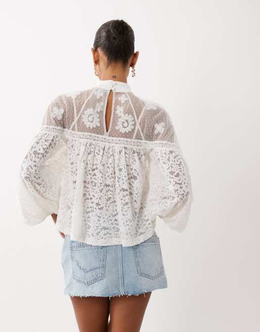 ASOS DESIGN - Top van doorschijnend kant met ballonmouwen in wit, 4 van 4