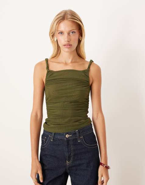 ASOS DESIGN - Top van doorschijnend mesh met gedraaid detail en gerimpelde zijkant in olijfgroen - view 1