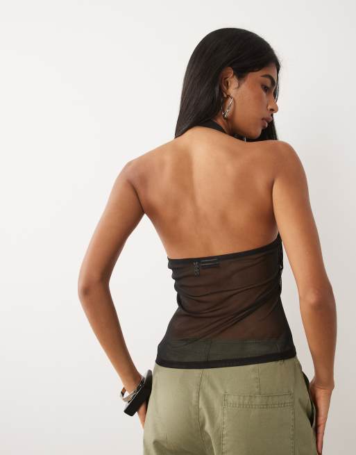 ASOS DESIGN - Top van doorschijnend mesh met halternek in zwart, 4 van 4