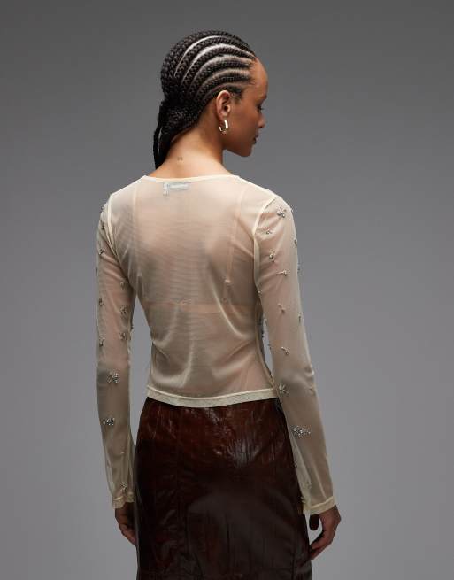 ASOS DESIGN - Top van doorschijnend mesh met verspreide versiering en lange mouwen in crème, 3 van 4
