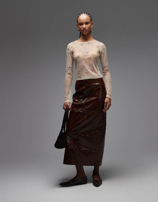 ASOS DESIGN - Top van doorschijnend mesh met verspreide versiering en lange mouwen in crème, 4 van 4