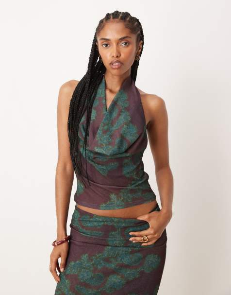 ASOS DESIGN - Top van fijn mesh met paisley motief en gedrapeerde hals in bruin, deel van co-ord set - view 1