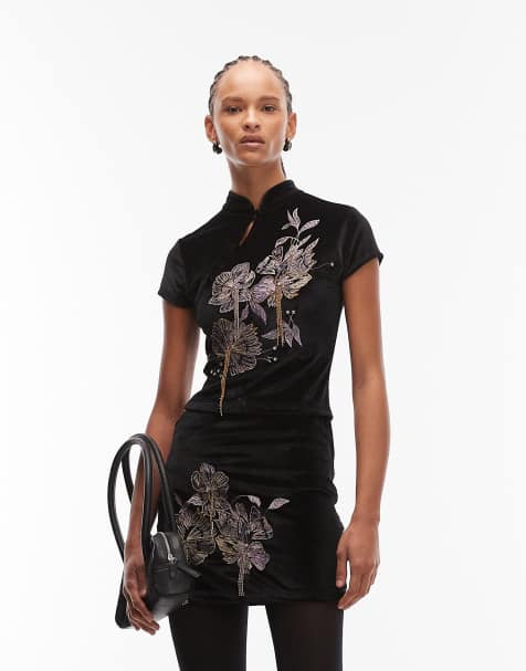 ASOS DESIGN - Top van fluweel met borduursels en kralen en knoop met lusje in zwart, deel van co-ord set - view 1