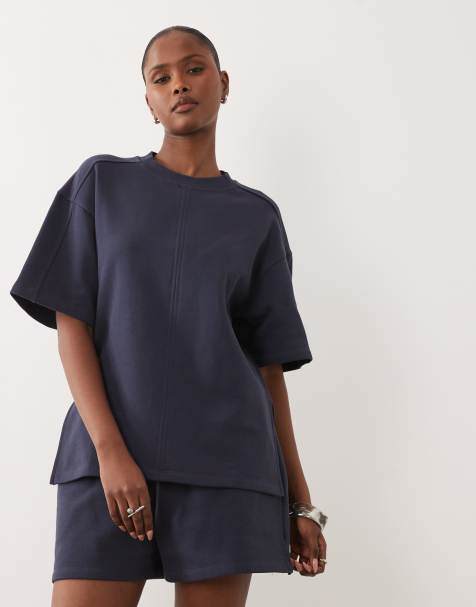 ASOS DESIGN - Top van geborstelde binnenstof met korte mouwen in oudblauw, deel van co-ord set - view 1