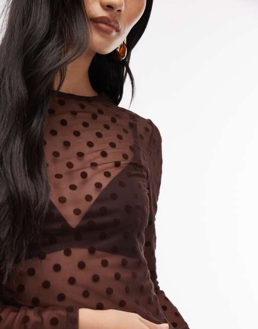 ASOS DESIGN - Top van geflockt mesh met lange mouwen en stippen in bruin, 3 van 4