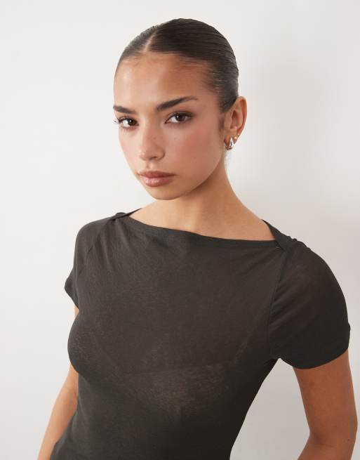 ASOS DESIGN - Top van getextureerde mesh met korte mouwen en rechte hals in antracietgrijs, 4 van 4