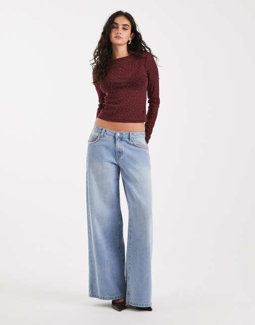 ASOS DESIGN - Top van getextureerde mesh met lange mouwen en siersteentjes in bordeauxrood, 2 van 4