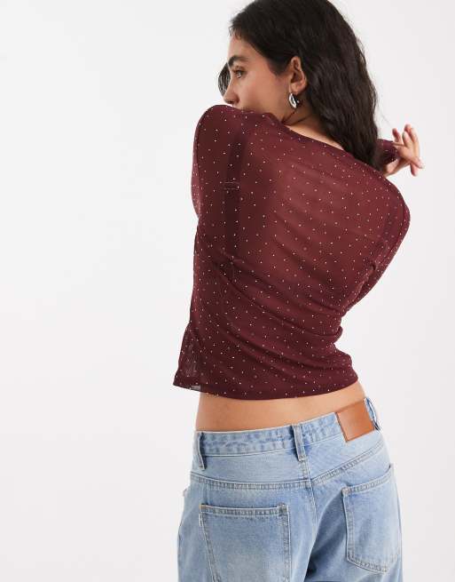 ASOS DESIGN - Top van getextureerde mesh met lange mouwen en siersteentjes in bordeauxrood, 4 van 4