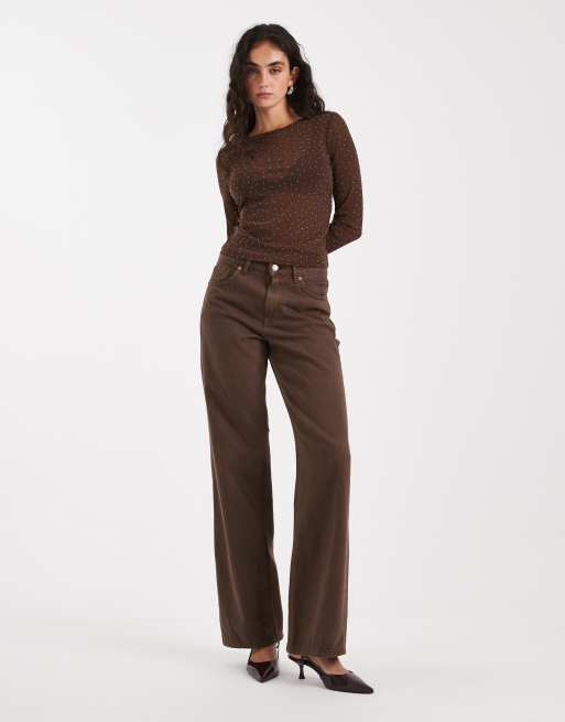 ASOS DESIGN - Top van getextureerde mesh met lange mouwen en siersteentjes in chocoladebruin, 3 van 4