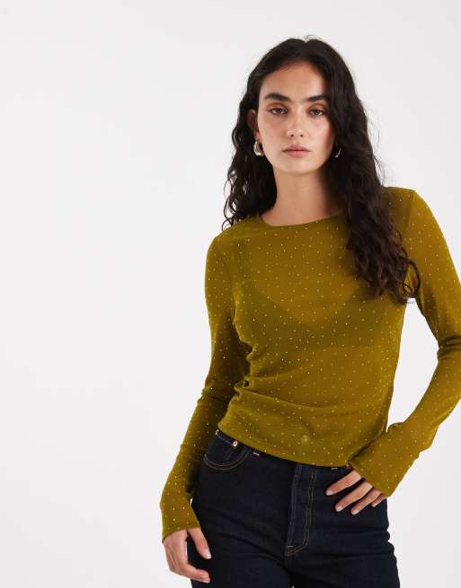 ASOS DESIGN - Top van getextureerde mesh met lange mouwen en siersteentjes in olijfgroen