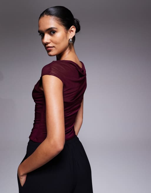 ASOS DESIGN - Top van gladde meshmix met rechte hals in bessenkleur, 4 van 4