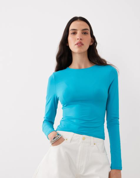 ASOS DESIGN - Top van gladde polyamide met lange mouwen in blauwgroen - view 1