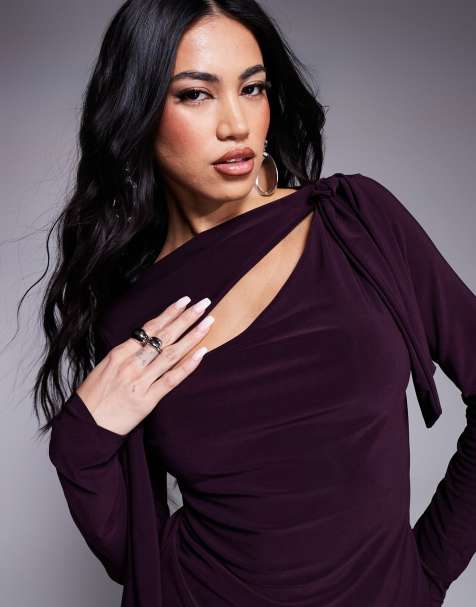 ASOS DESIGN - Top van gladde stof met lange mouwen en strikdetail in donkerpaars - view 1