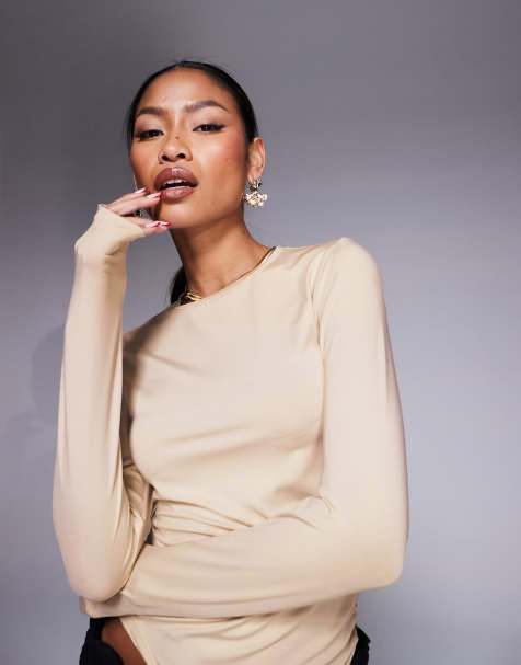 ASOS DESIGN - Top van gladde stof met lange mouwen in neutraal - view 1